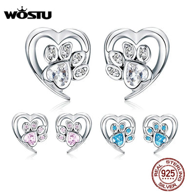 Sterling Silver Heart Paw Stud Earrings With Cubic Zirconia, Screw-Back