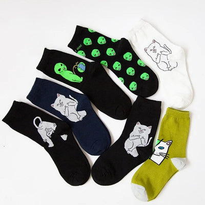 Funny Space Cat Socks, Alien and Planet Jacquard Crew Socks