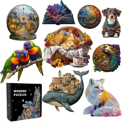 Sleeping Kitten Wooden Puzzle, Unique Shaped Cat Jigsaw for Adults
