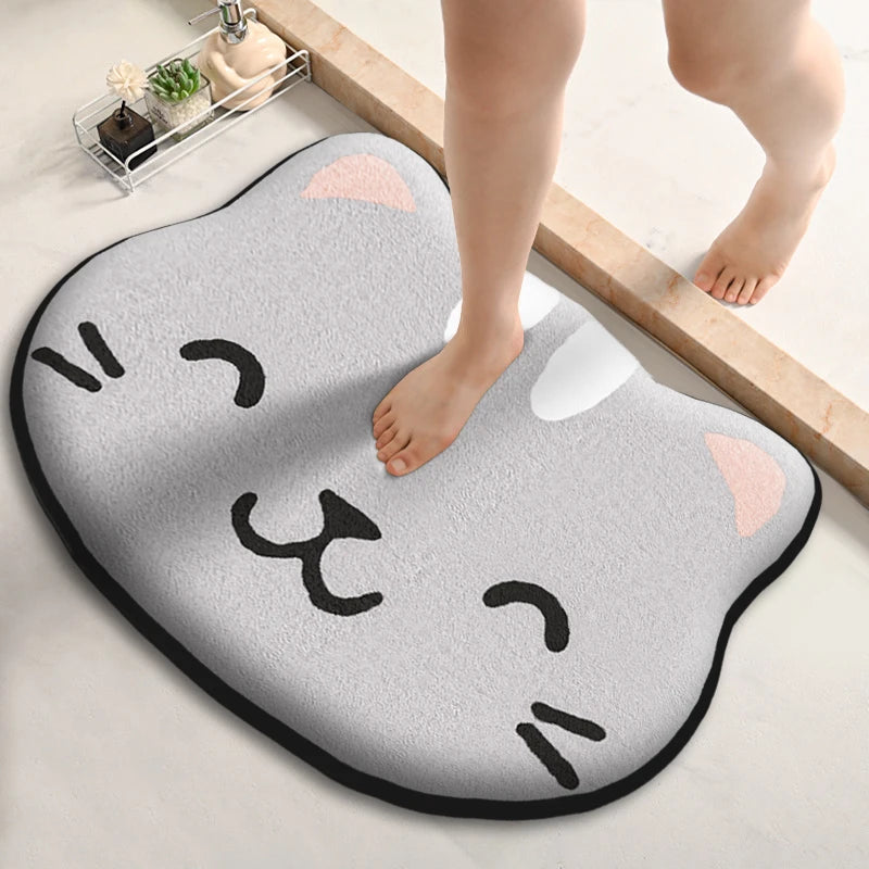 Cat Face Shaped Bath Mat, Gray Winking Kitty Bathroom Rug