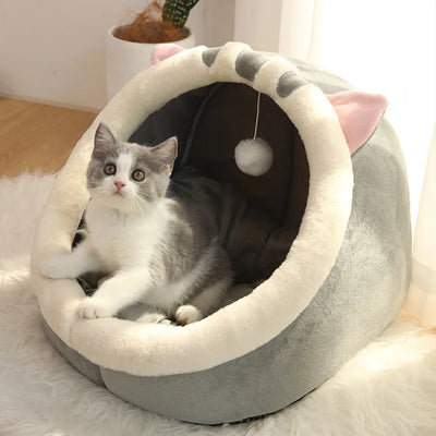 Cat Tent Cave Bed with Reversible Cushion and Pom-Pom