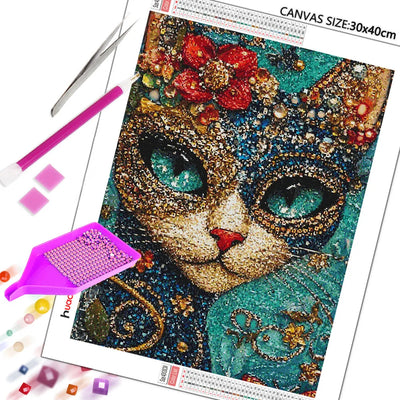 Cat and Flowers Diamond Painting Kit, 5D Full Drill Floral Cat Art