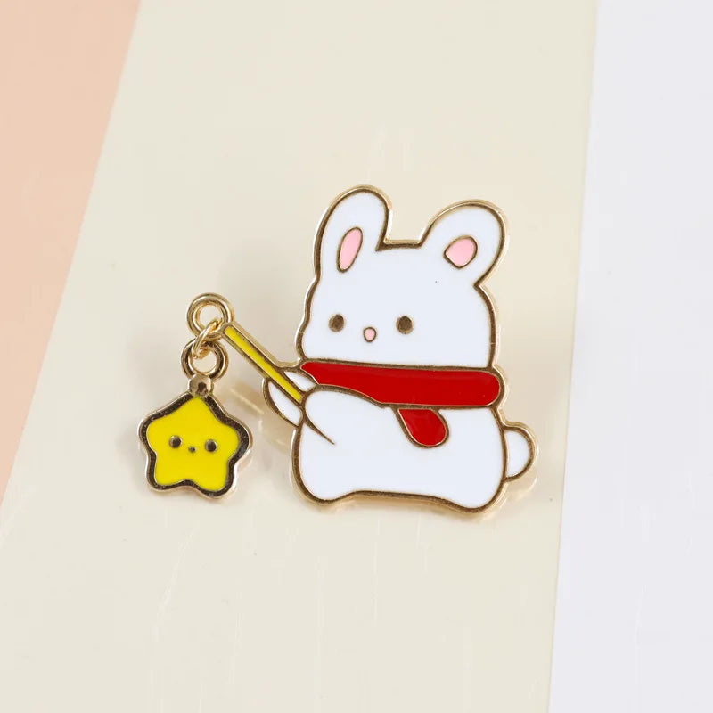 Cat Fishing Enamel Pin with Dangling Fish Charm, Cute Cat Brooch