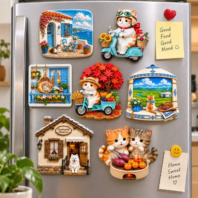 Cat on Scooter Fridge Magnet, 3D Resin Kitten Kitchen Decor