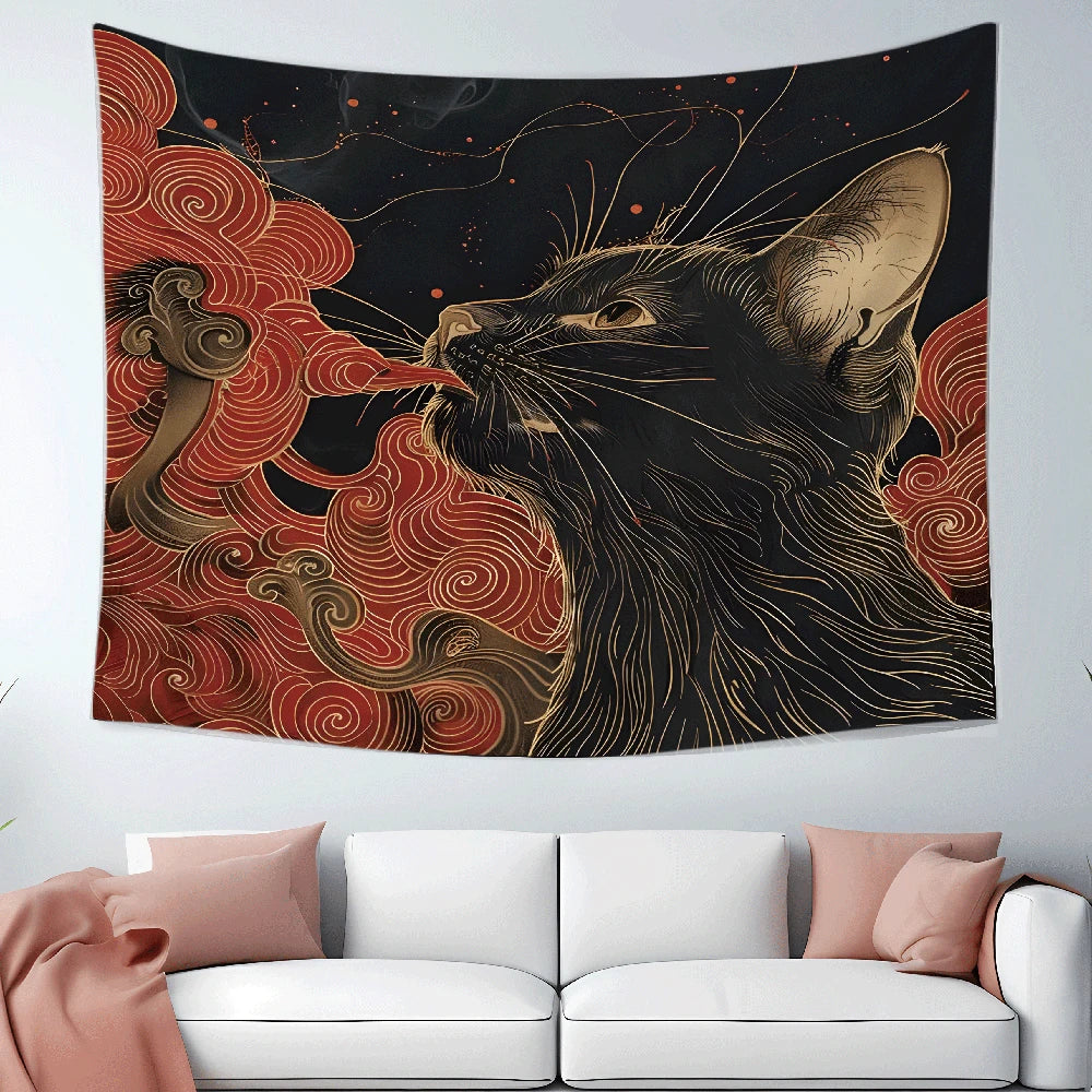 Ukiyo-e Cat Tapestry, Japanese Cat Swallowing the Great Wave Wall Hanging