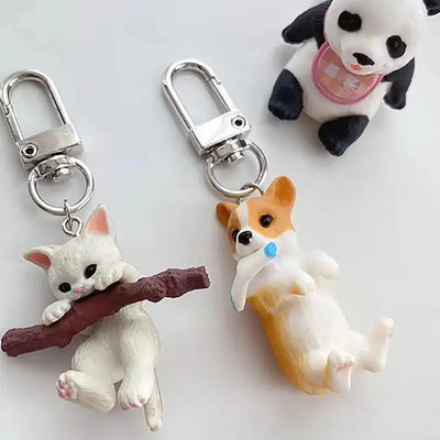 Hanging Kitten Keychain, White Cat Biting a Branch, 3D Resin Bag Charm