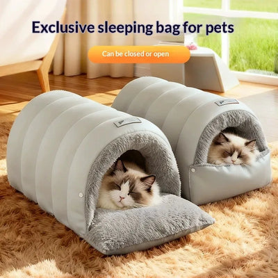Leather-Look Cat Sleeping Bag Bed with Fleece Lining