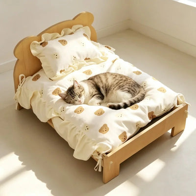Wooden Cat Bed Frame with Teddy Bear Bedding and Pillow