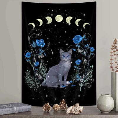 Black Cat Moon Phase Tapestry with Blue Roses, Vertical