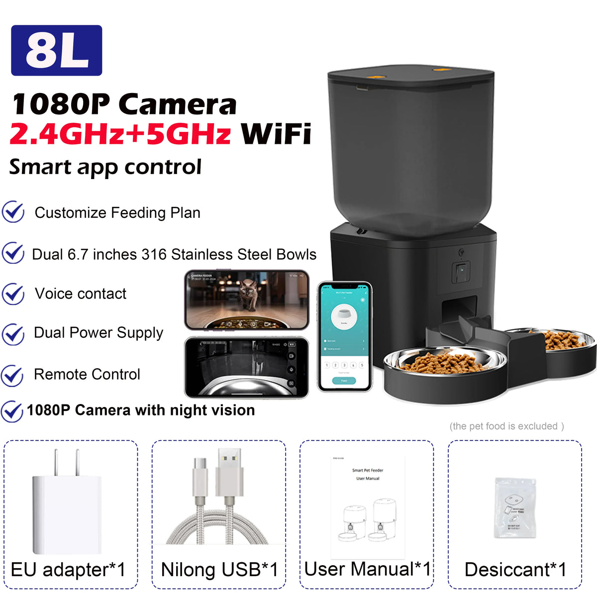 8L Automatic Cat Feeder With 1080p Camera, Wi-Fi App Control and Night Vision