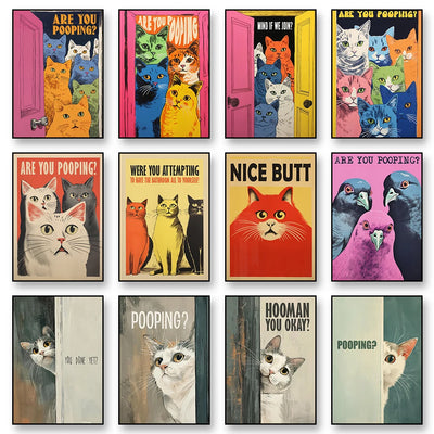 Are You Pooping Cat Poster, Funny Bathroom Wall Art Canvas Print