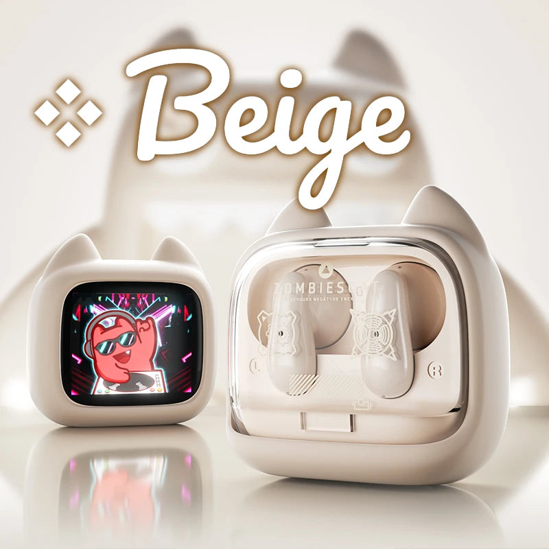 ZOMBIES CAT B19 Cat Wallet Bluetooth Earbuds – Mini TV Touchscreen Case, 13mm Drivers, ENC Mic & 30H Wireless Playtime