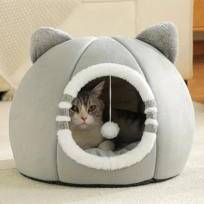 Cat Cave Bed with Hanging Pom-Pom Toy and Plush Ears