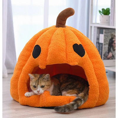 Halloween Pumpkin Cat Bed with Removable Cushion