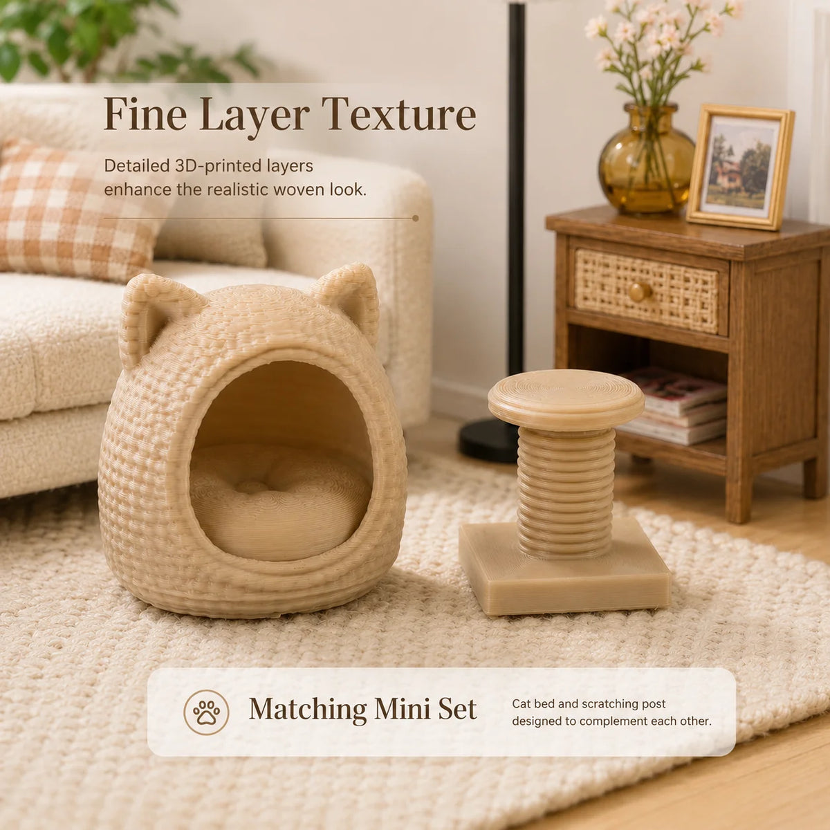 Miniature Cat Bed and Cat Tree Set for 1:12 Dollhouses