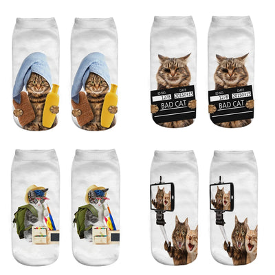 Funny Cartoon Cat Ankle Socks for Women, 3D Print