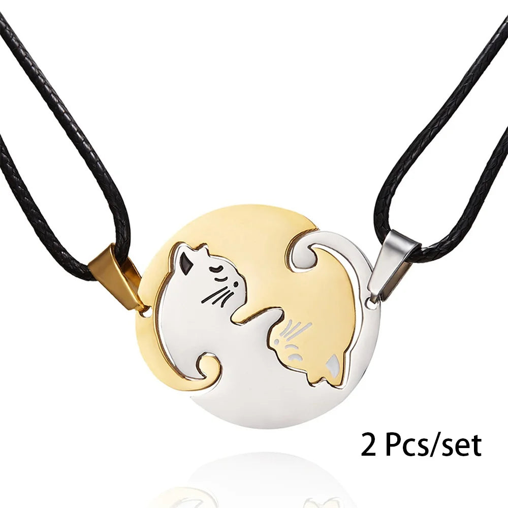 Matching Cat Couple Necklaces, 2-Piece Interlocking Gold and Silver-Tone Pendants