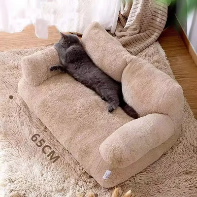Plush Cat Sofa Bed with Backrest, Armrests and Pillow