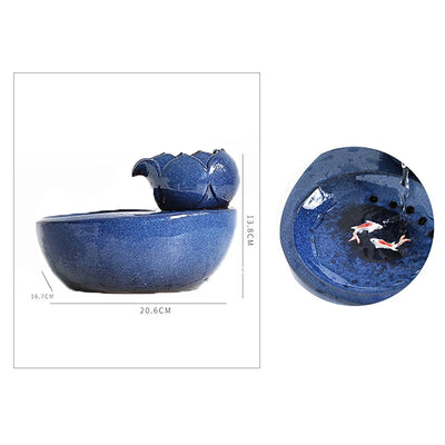 Ceramic Cat Water Fountain, Blue Lotus Design With Koi Fish Bowl