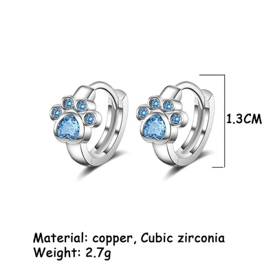 Blue Cat Paw Huggie Hoop Earrings, Heart-Shaped Toe Bean Pad, Silver Tone
