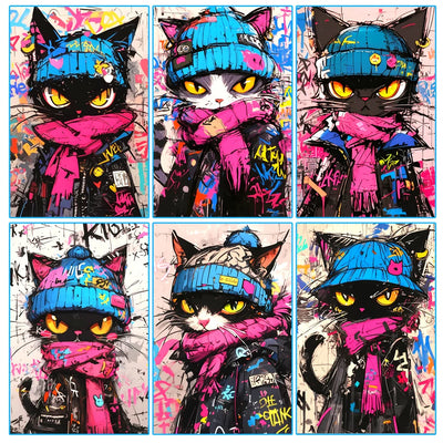 Rebellious Cat Diamond Painting Kit, Graffiti-Style 5D Full Drill Art