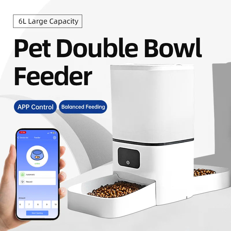 6L Wi-Fi Automatic Cat Feeder With Dual Bowls, App-Controlled Food Dispenser