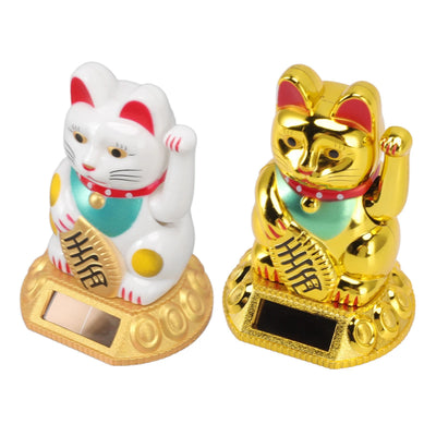 Solar Waving Lucky Cat Figurine, Mini Maneki-Neko in Gold or White