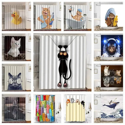 Cute Cat and Dinosaur Shower Curtain with 12 Hooks Included