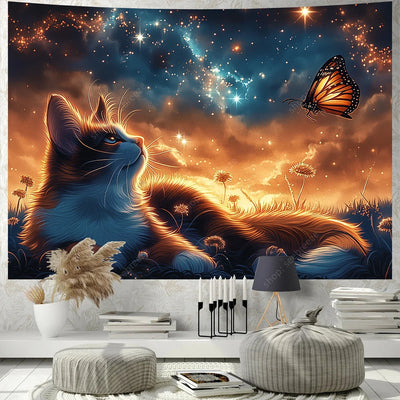Cute Witchy Cat Mandala Tapestry for Boho Room Decor