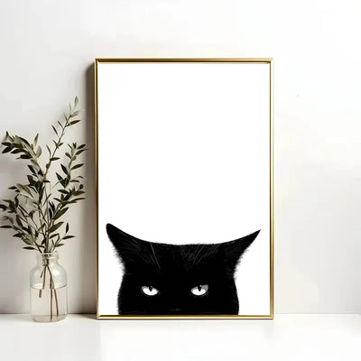 Peeking Black Cat Canvas Print, Minimalist Funny Cat Face Wall Art