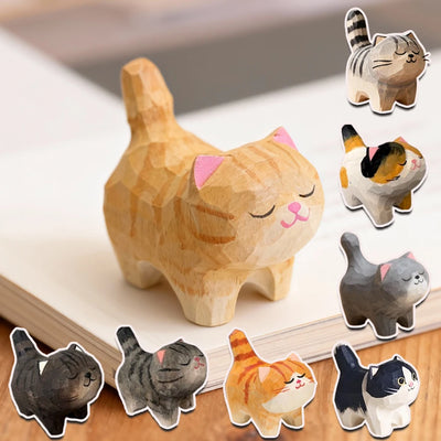 Hand-Carved Wooden Cat Figurine, 8 Breeds in Painted Basswood