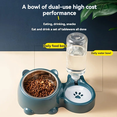 Cat Food Bowl and Gravity Water Dispenser Combo, 16.9 oz Bottle, No Power Needed