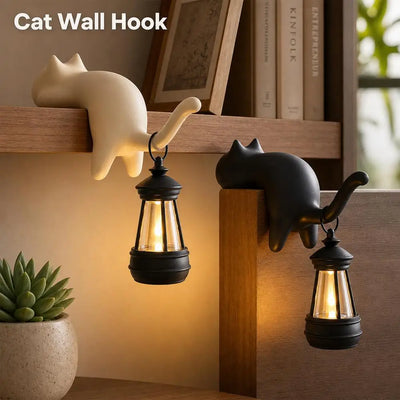 Black Cat Shelf Sitter With Lantern Light, Lounging Cat Night Lamp Decor