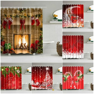 Christmas Shower Curtain with Snowman and Santa, Hooks Included
