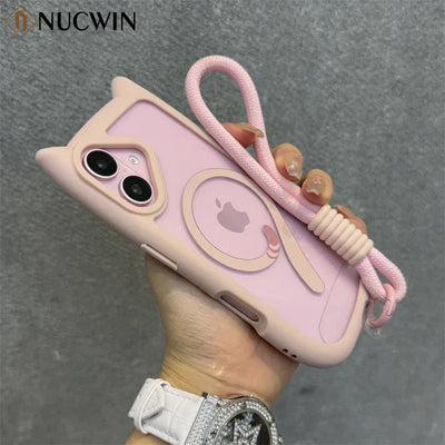Clear Cat Ear Phone Case With Magnetic Ring and Lanyard, Compatible With iPhone