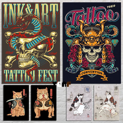 Tattoo Cats Canvas Print, Vintage Tattoo Parlor Cat Wall Art