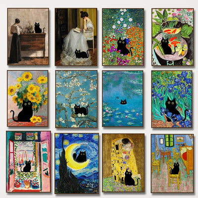 Black Cat Starry Night Canvas Print, Vintage Wall Art