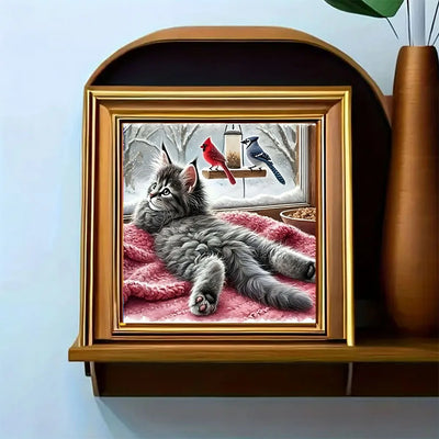 Lazy Cat Diamond Painting Kit, Fluffy Kitten Watching Winter Birds