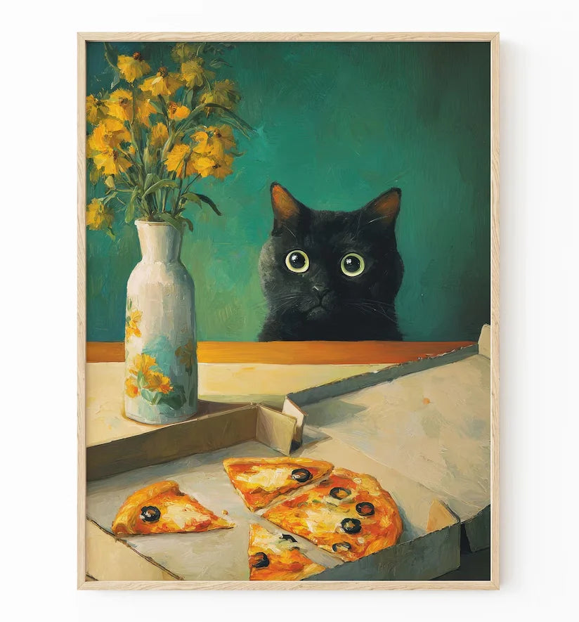 Funny Black Cat Kitchen Wall Art, Whimsical Food Lover Print