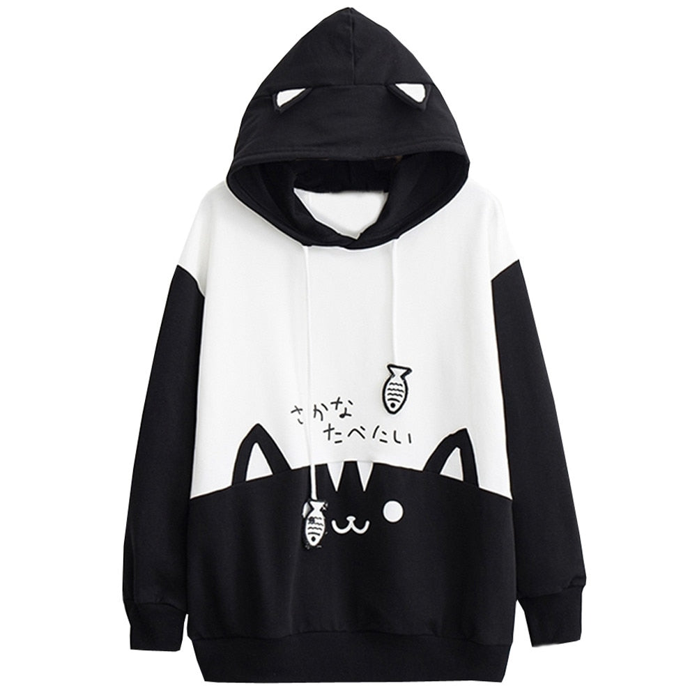 Black and White Cat hoodie - Black / S