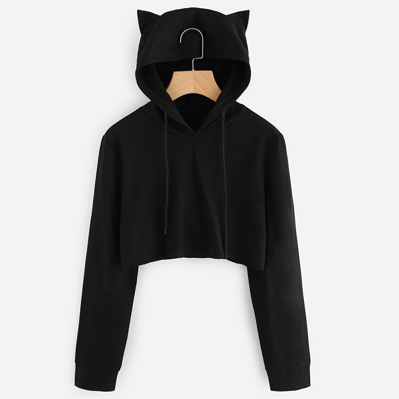 Crop Top Cat ear Hoodie - black / S