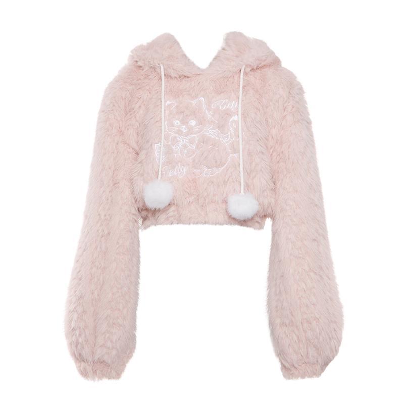 Kawaii Cat Ears Pink Plush Cropped Hoodie - Pink / S