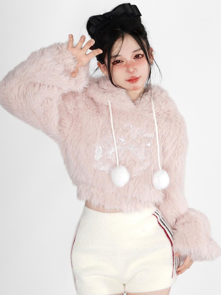 Kawaii Cat Ears Pink Plush Cropped Hoodie