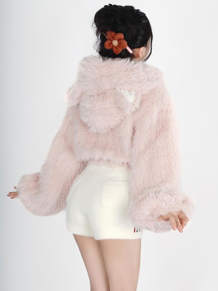 Kawaii Cat Ears Pink Plush Cropped Hoodie