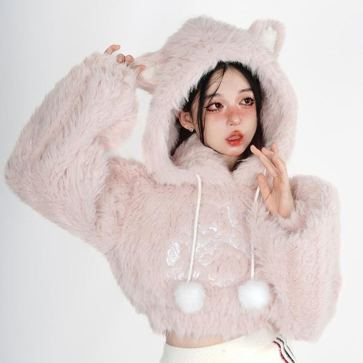 Kawaii Cat Ears Pink Plush Cropped Hoodie