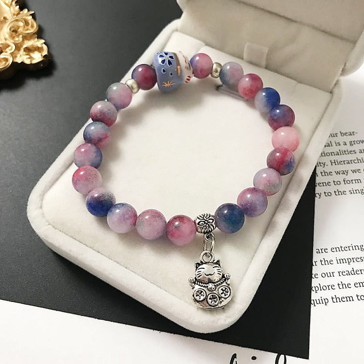 Beaded Japanese Cat Bracelet - Purple - Cat bracelet