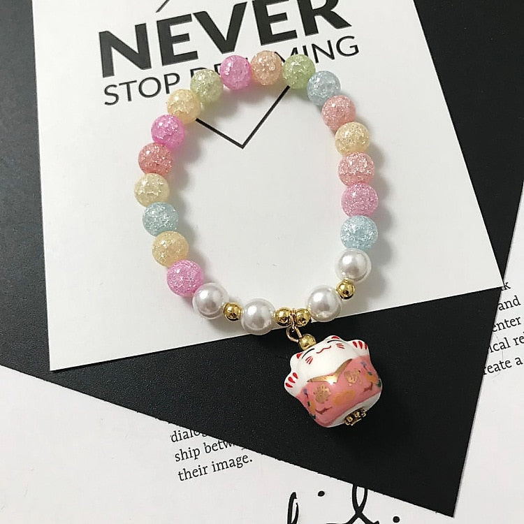 Beaded Japanese Cat Bracelet - Pink - Cat bracelet