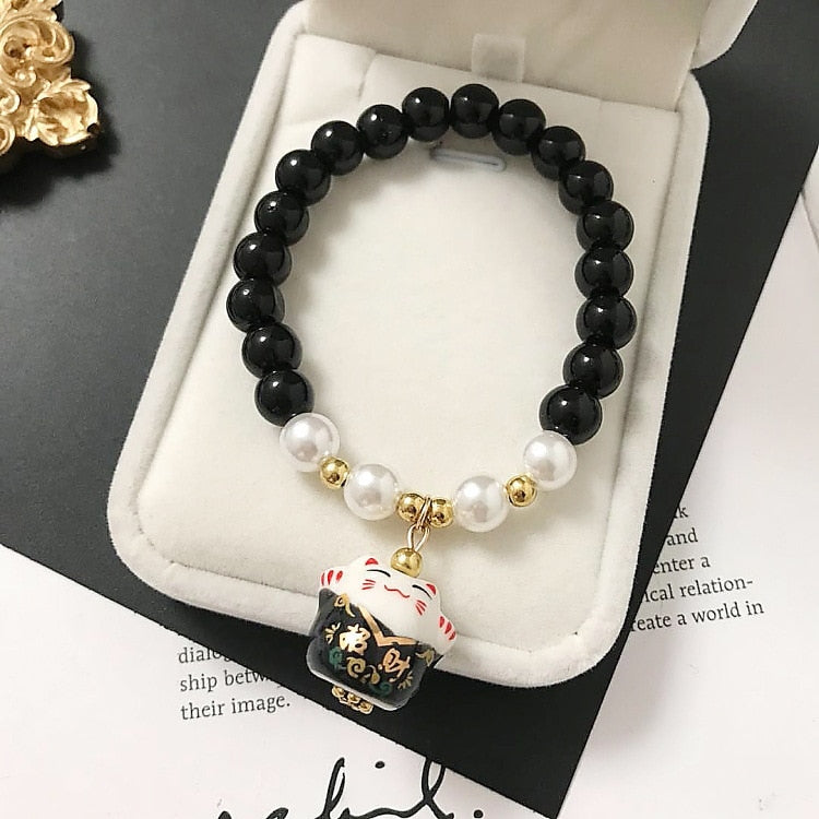 Beaded Japanese Cat Bracelet - Black - Cat bracelet