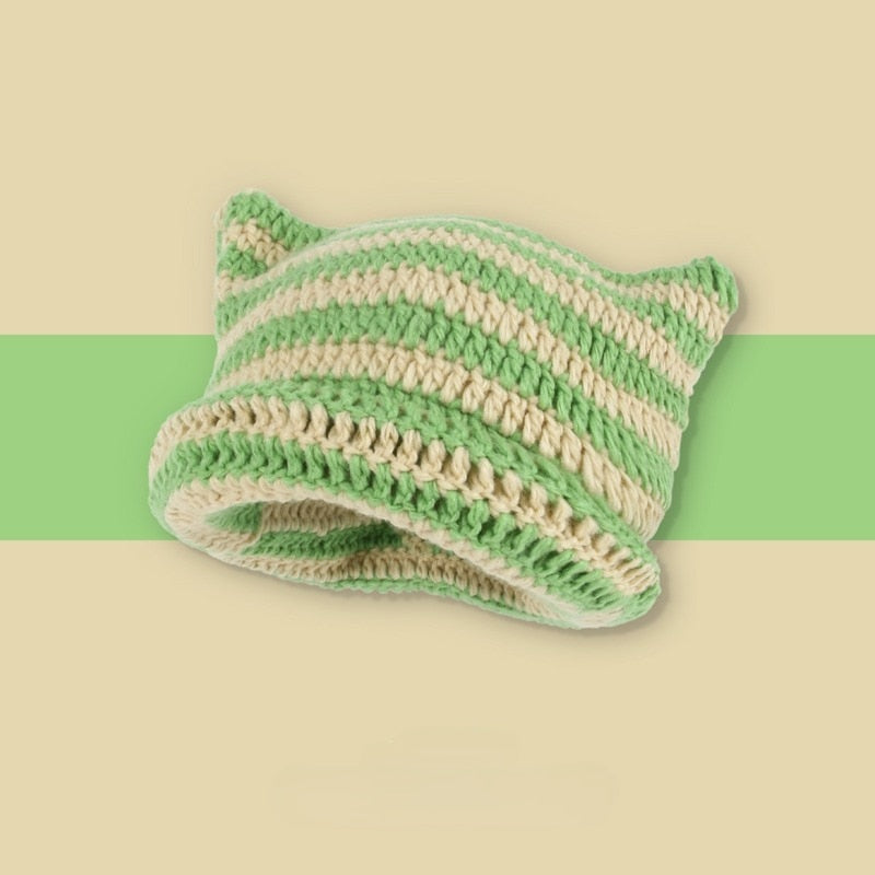 Beanie with Cat Ears - Green and Skin / 56-58cm - Cat beanie