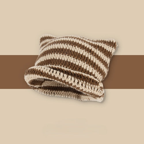 Beanie with Cat Ears - Beige and Brown / 56-58cm - Cat